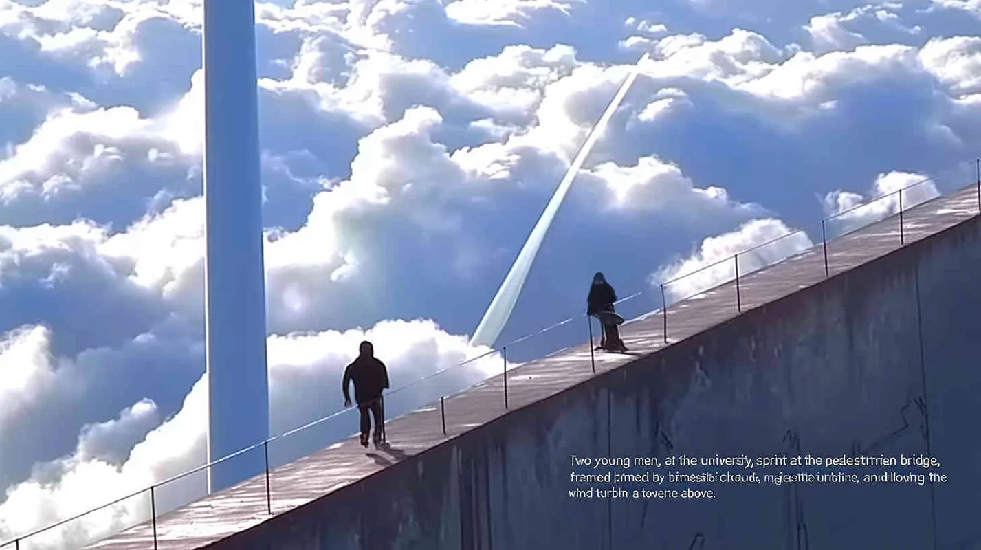 Two male college students are running on the overpass, with layers of white clouds in the background and a wind turbine  - style2部分