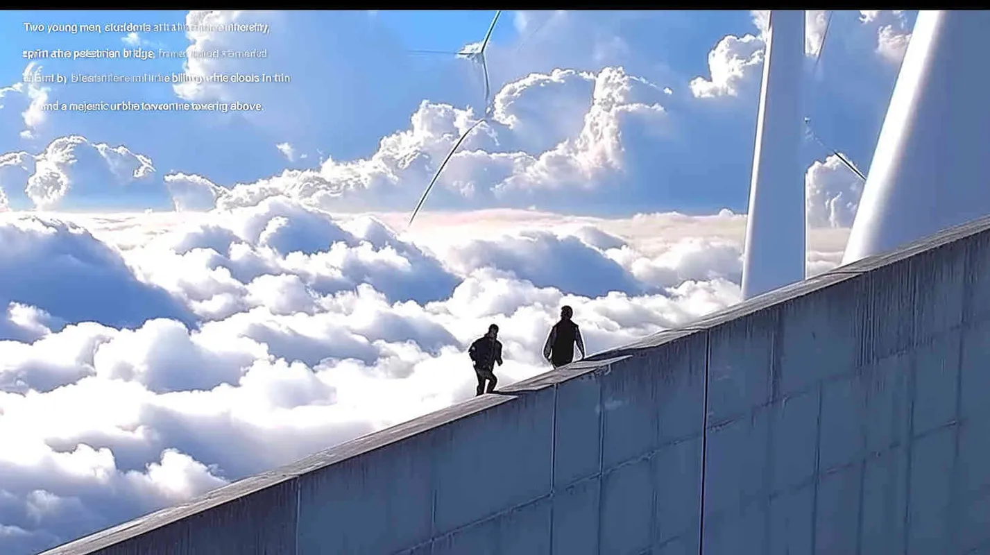Two male college students are running on the overpass, with layers of white clouds in the background and a wind turbine  - style3部分