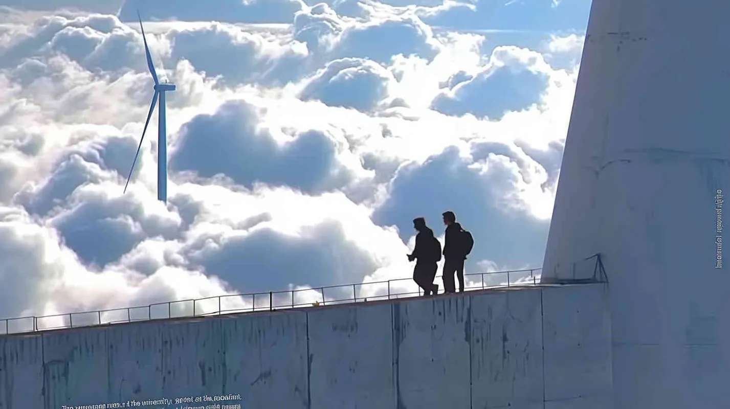 Two male college students are running on the overpass, with layers of white clouds in the background and a wind turbine  - style4部分
