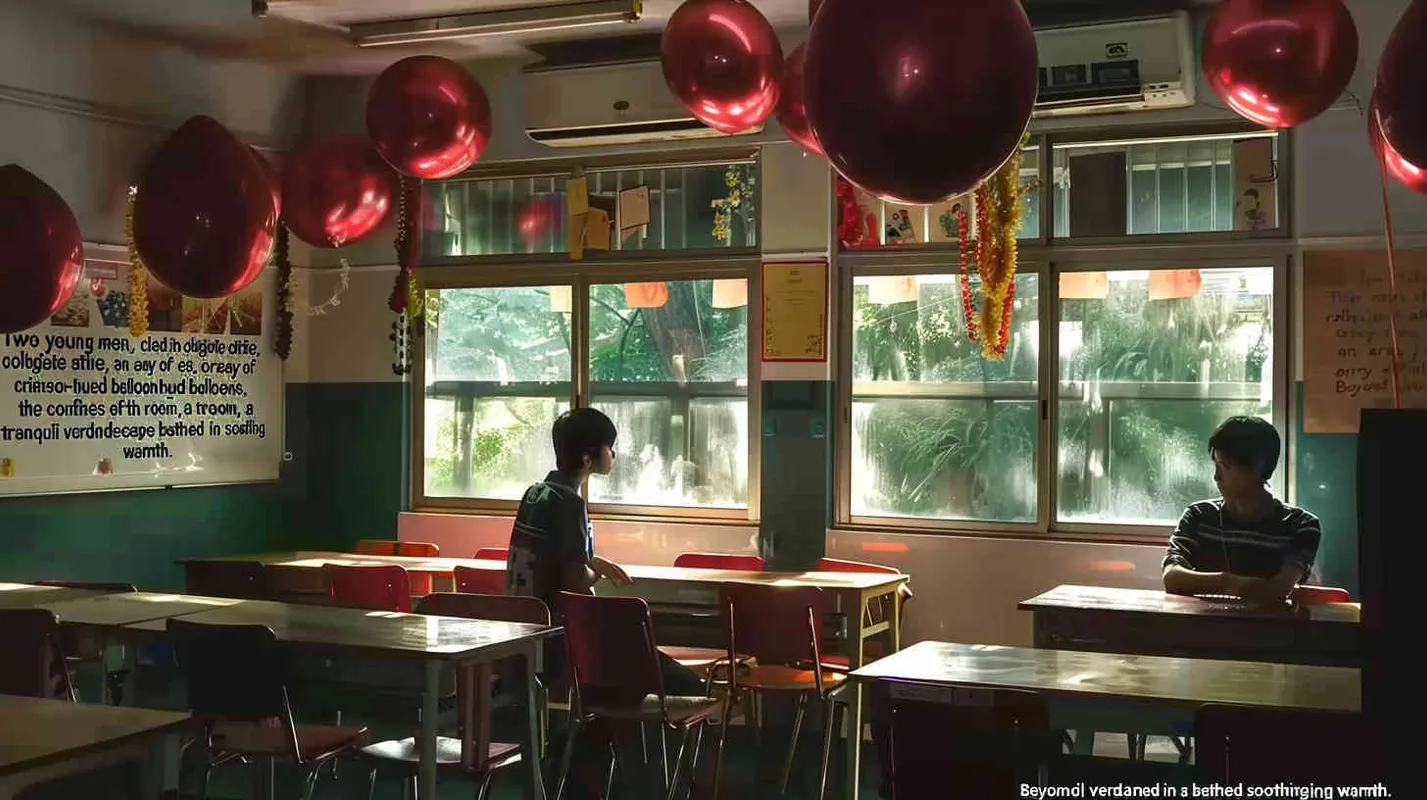 Two male college students are sitting in the classroom, with eerie red balloons scattered around. Outside the classroom, there is a warm green scene - style1部分