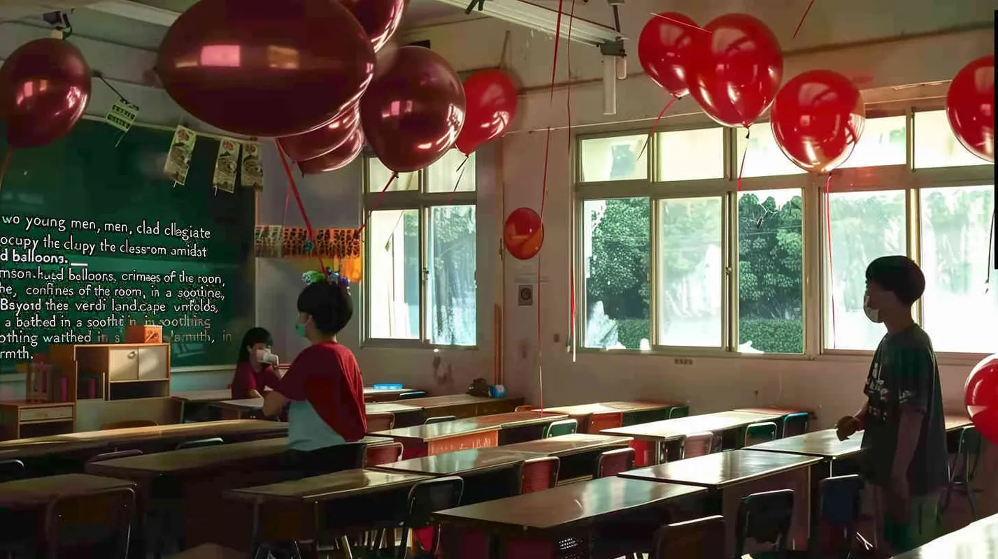 Two male college students are sitting in the classroom, with eerie red balloons scattered around. Outside the classroom, there is a warm green scene - style2部分