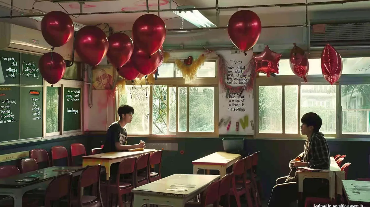 Two male college students are sitting in the classroom, with eerie red balloons scattered around. Outside the classroom, there is a warm green scene - style3部分