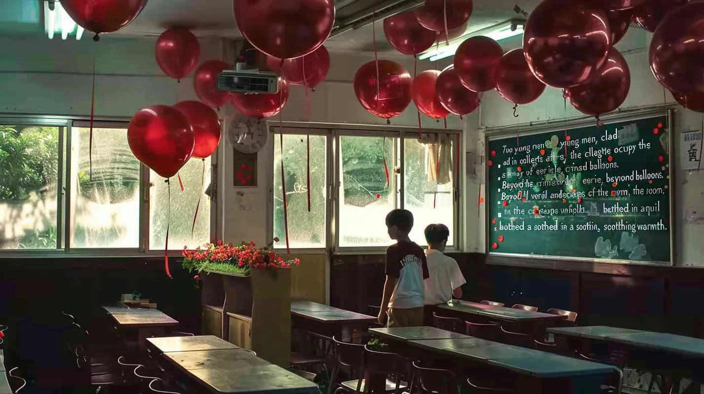 Two male college students are sitting in the classroom, with eerie red balloons scattered around. Outside the classroom, there is a warm green scene - style4部分