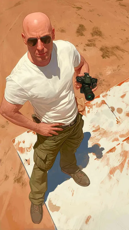 From a bird's eye view, in the vast expanse of a wheat field, on the right side of the scene stands a cool 40-year-old bald man. He is wearing a white t-shirt and work pants, striking a pose with his profile facing left. In his hands, he holds a camera with a very long lens, capturing a distant shot. The style is reminiscent of American comic book heroes, with a sculptural quality enhanced by cinematic lighting. The image is rendered in stunning 8k resolution, with incredibly realistic details. The aspect ratio is 16:9.  - style1部分
