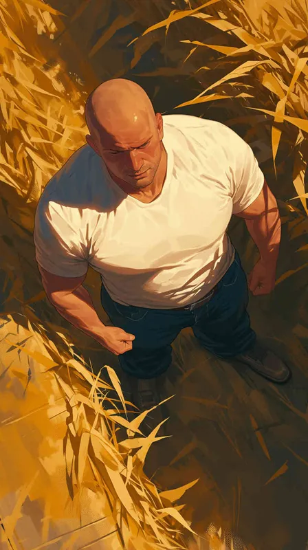 From a bird's eye view, in the vast expanse of a wheat field, on the right side of the scene stands a cool 40-year-old bald man. He is wearing a white t-shirt and work pants, striking a pose with his profile facing left. In his hands, he holds a camera with a very long lens, capturing a distant shot. The style is reminiscent of American comic book heroes, with a sculptural quality enhanced by cinematic lighting. The image is rendered in stunning 8k resolution, with incredibly realistic details. The aspect ratio is 16:9.  - style2部分