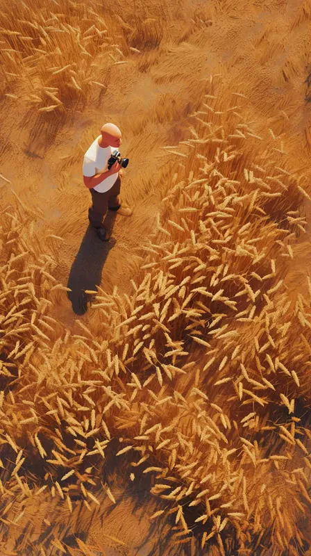 From a bird's eye view, in the vast expanse of a wheat field, on the right side of the scene stands a cool 40-year-old bald man. He is wearing a white t-shirt and work pants, striking a pose with his profile facing left. In his hands, he holds a camera with a very long lens, capturing a distant shot. The style is reminiscent of American comic book heroes, with a sculptural quality enhanced by cinematic lighting. The image is rendered in stunning 8k resolution, with incredibly realistic details. The aspect ratio is 16:9.  - style3部分