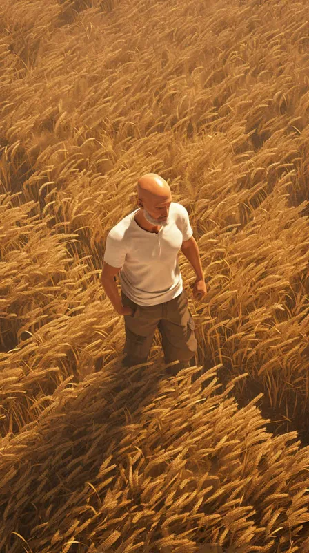 From a bird's eye view, in the vast expanse of a wheat field, on the right side of the scene stands a cool 40-year-old bald man. He is wearing a white t-shirt and work pants, striking a pose with his profile facing left. In his hands, he holds a camera with a very long lens, capturing a distant shot. The style is reminiscent of American comic book heroes, with a sculptural quality enhanced by cinematic lighting. The image is rendered in stunning 8k resolution, with incredibly realistic details. The aspect ratio is 16:9.  - style4部分