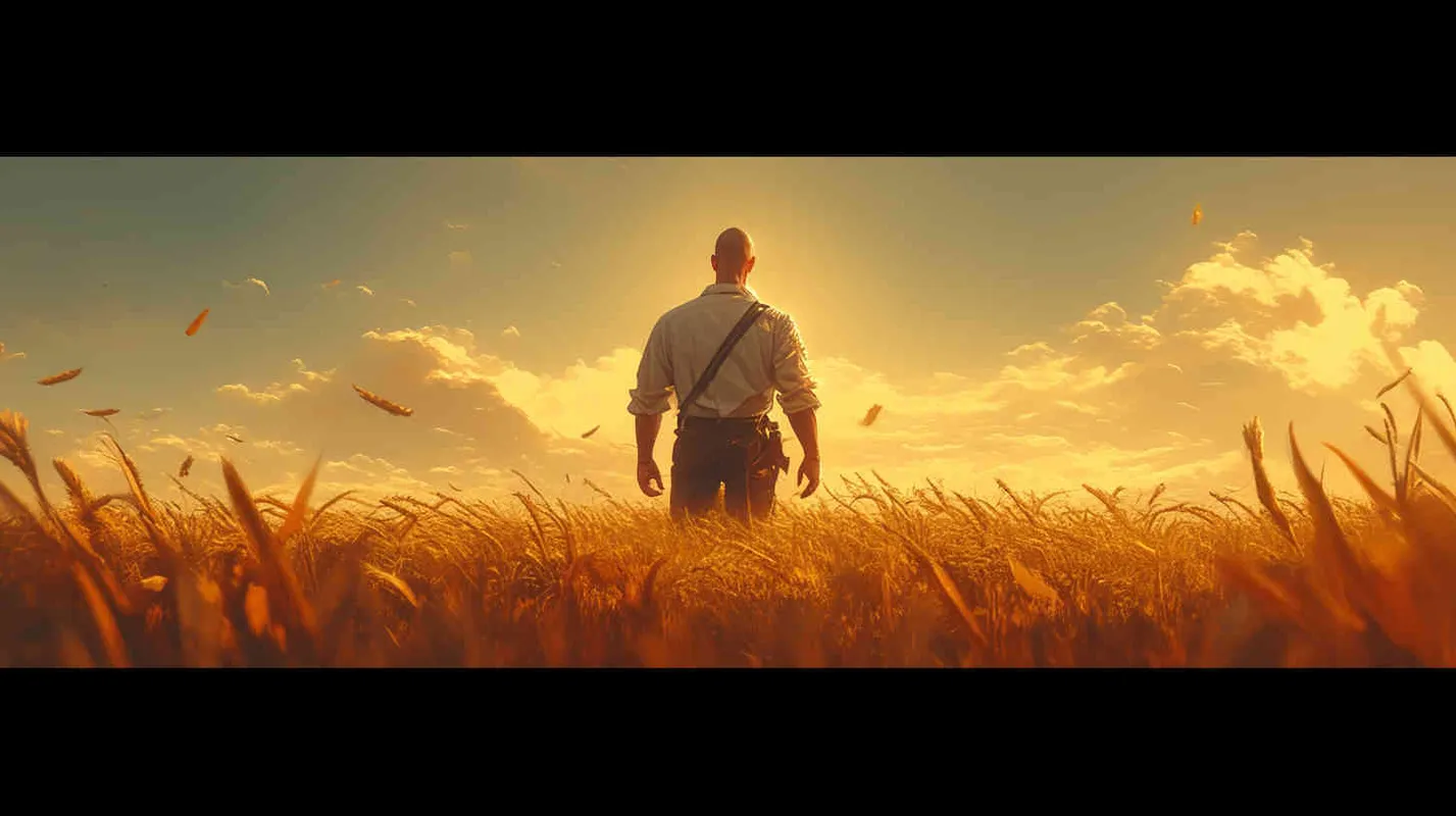 From a bird's eye view, in the vast expanse of a wheat field, on the right side of the scene stands a cool 40-year-old bald man. He is wearing a white t-shirt and work pants, striking a pose with his profile facing left. In his hands, he holds a camera with a very long lens, capturing a distant shot. The style is reminiscent of American comic book heroes, with a sculptural quality enhanced by cinematic lighting. The image is rendered in stunning 8k resolution, with incredibly realistic details. The aspect ratio is 16:9.  - style1部分