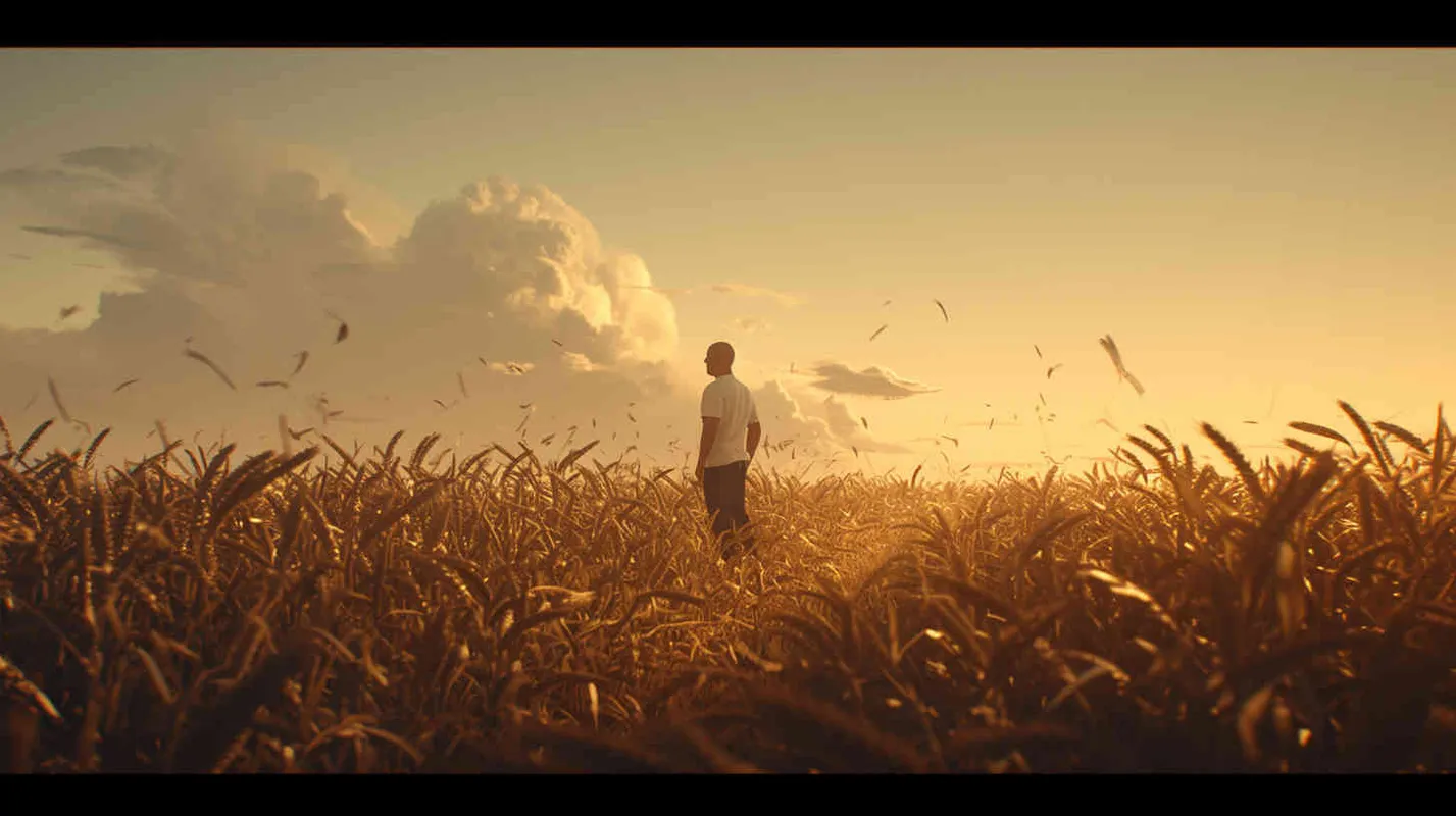 From a bird's eye view, in the vast expanse of a wheat field, on the right side of the scene stands a cool 40-year-old bald man. He is wearing a white t-shirt and work pants, striking a pose with his profile facing left. In his hands, he holds a camera with a very long lens, capturing a distant shot. The style is reminiscent of American comic book heroes, with a sculptural quality enhanced by cinematic lighting. The image is rendered in stunning 8k resolution, with incredibly realistic details. The aspect ratio is 16:9.  - style2部分