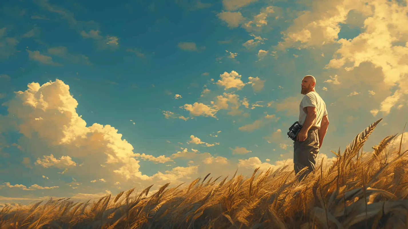 From a bird's eye view, in the vast expanse of a wheat field, on the right side of the scene stands a cool 40-year-old bald man. He is wearing a white t-shirt and work pants, striking a pose with his profile facing left. In his hands, he holds a camera with a very long lens, capturing a distant shot. The style is reminiscent of American comic book heroes, with a sculptural quality enhanced by cinematic lighting. The image is rendered in stunning 8k resolution, with incredibly realistic details. The aspect ratio is 16:9.  - style3部分
