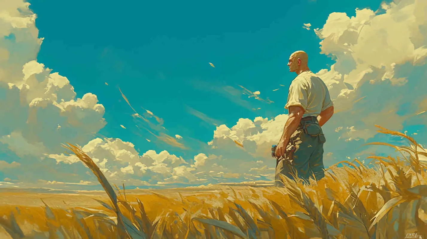 From a bird's eye view, in the vast expanse of a wheat field, on the right side of the scene stands a cool 40-year-old bald man. He is wearing a white t-shirt and work pants, striking a pose with his profile facing left. In his hands, he holds a camera with a very long lens, capturing a distant shot. The style is reminiscent of American comic book heroes, with a sculptural quality enhanced by cinematic lighting. The image is rendered in stunning 8k resolution, with incredibly realistic details. The aspect ratio is 16:9.  - style4部分