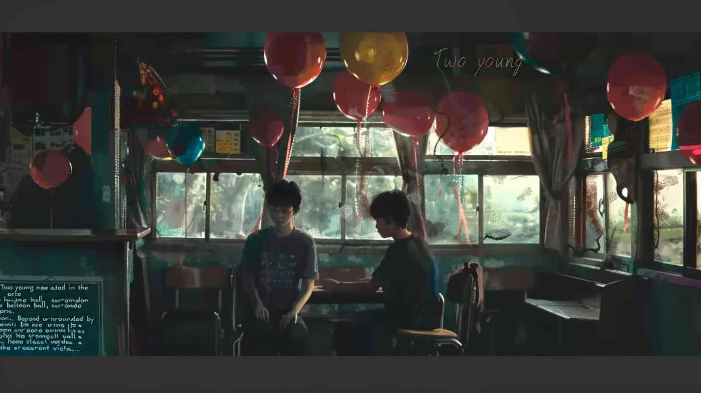 Two male college students are sitting in the classroom, with eerie red balloons scattered around. Outside the classroom, there is a warm green scene - style1部分