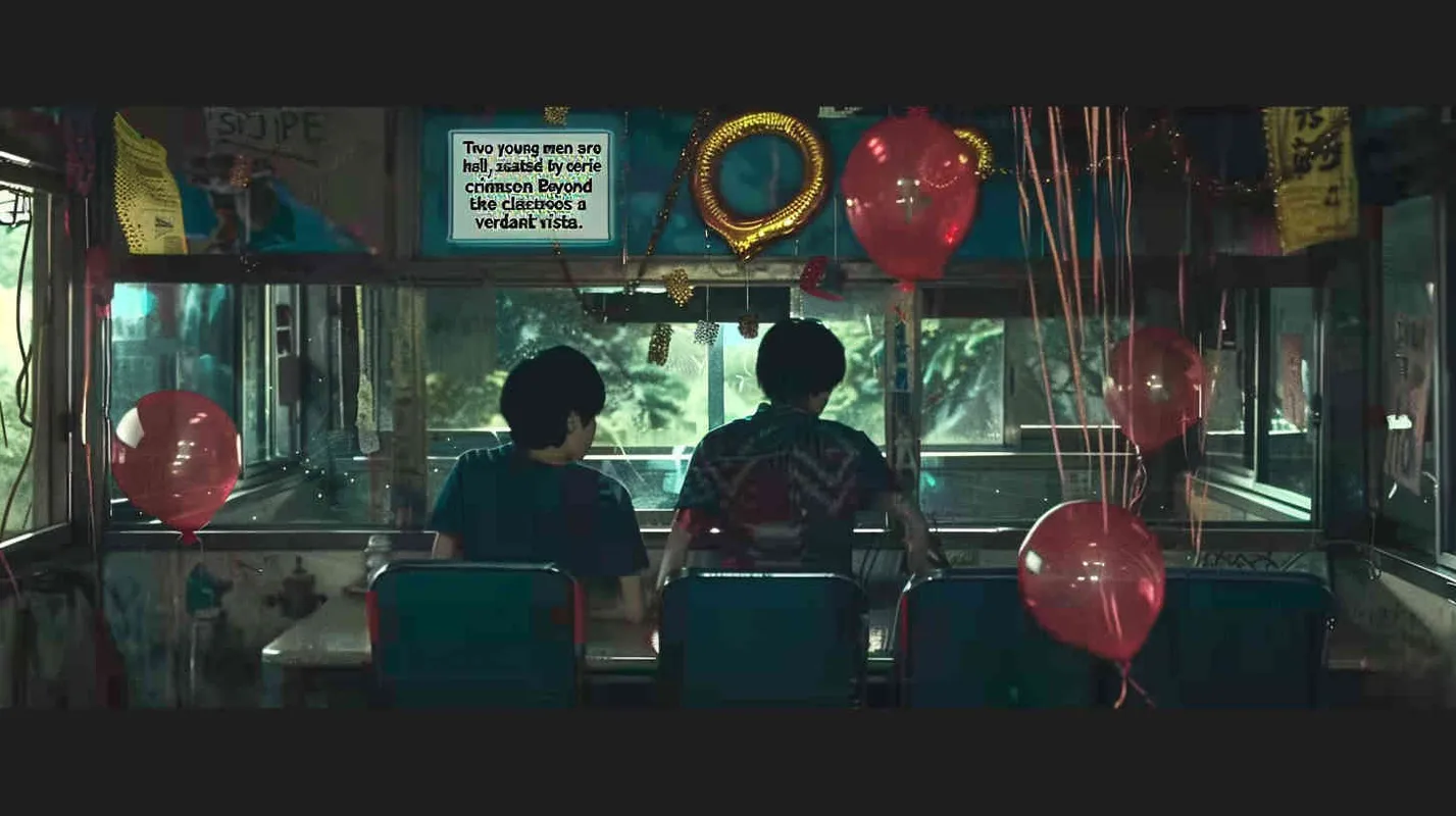 Two male college students are sitting in the classroom, with eerie red balloons scattered around. Outside the classroom, there is a warm green scene - style2部分