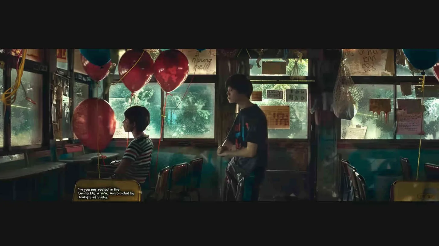 Two male college students are sitting in the classroom, with eerie red balloons scattered around. Outside the classroom, there is a warm green scene - style3部分