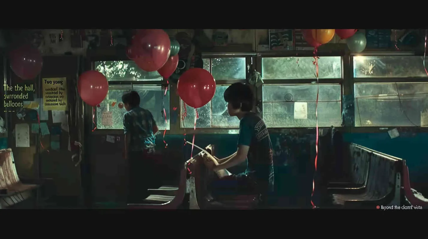 Two male college students are sitting in the classroom, with eerie red balloons scattered around. Outside the classroom, there is a warm green scene - style4部分