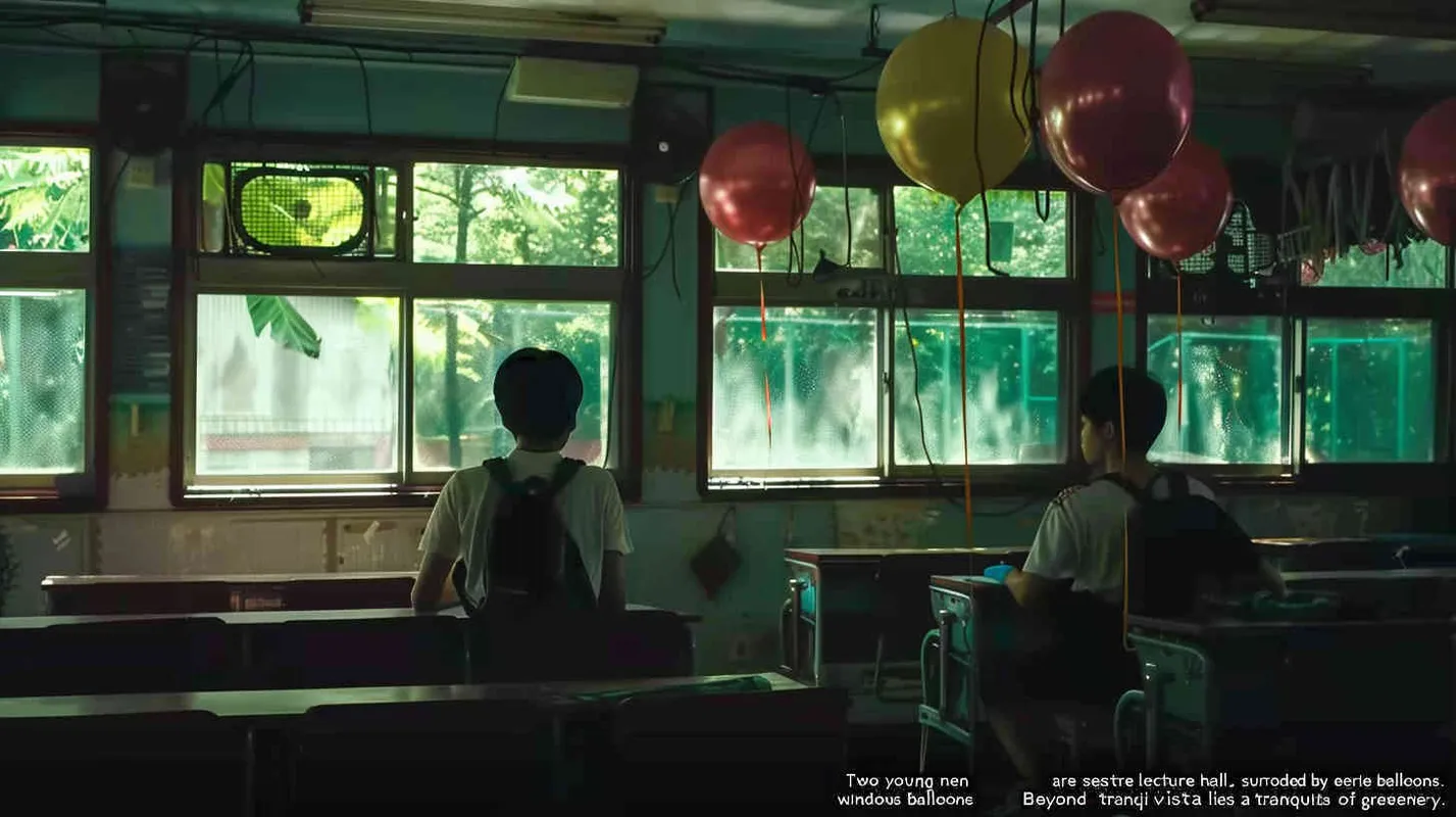 Two male college students are sitting in the classroom, with eerie red balloons scattered around. Outside the classroom, there is a warm green scene - style1部分
