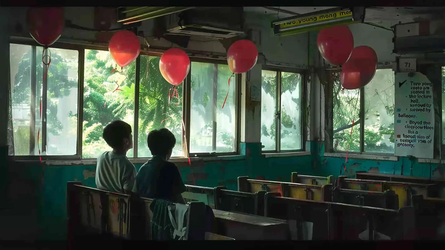 Two male college students are sitting in the classroom, with eerie red balloons scattered around. Outside the classroom, there is a warm green scene - style2部分