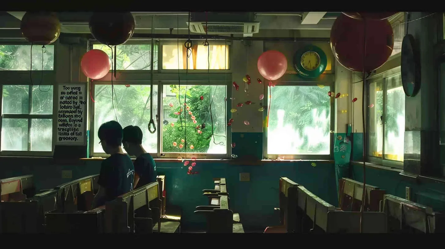 Two male college students are sitting in the classroom, with eerie red balloons scattered around. Outside the classroom, there is a warm green scene - style3部分