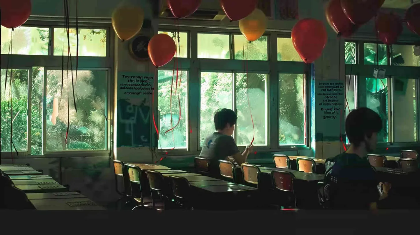 Two male college students are sitting in the classroom, with eerie red balloons scattered around. Outside the classroom, there is a warm green scene - style4部分