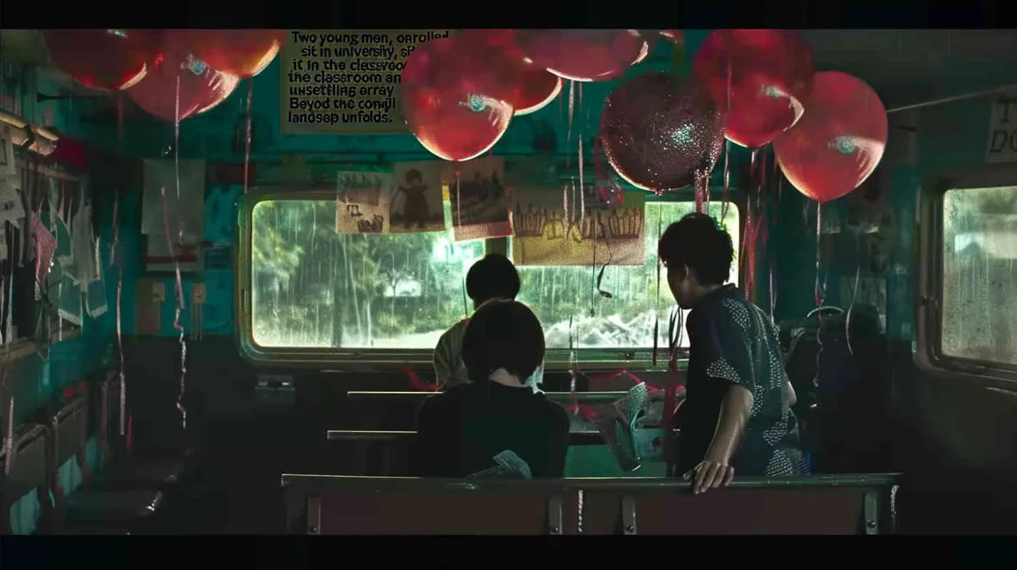 Two male college students are sitting in the classroom, with eerie red balloons scattered around. Outside the classroom, there is a warm green scene – AI绘画作品展示 | Midjourney中文版生成