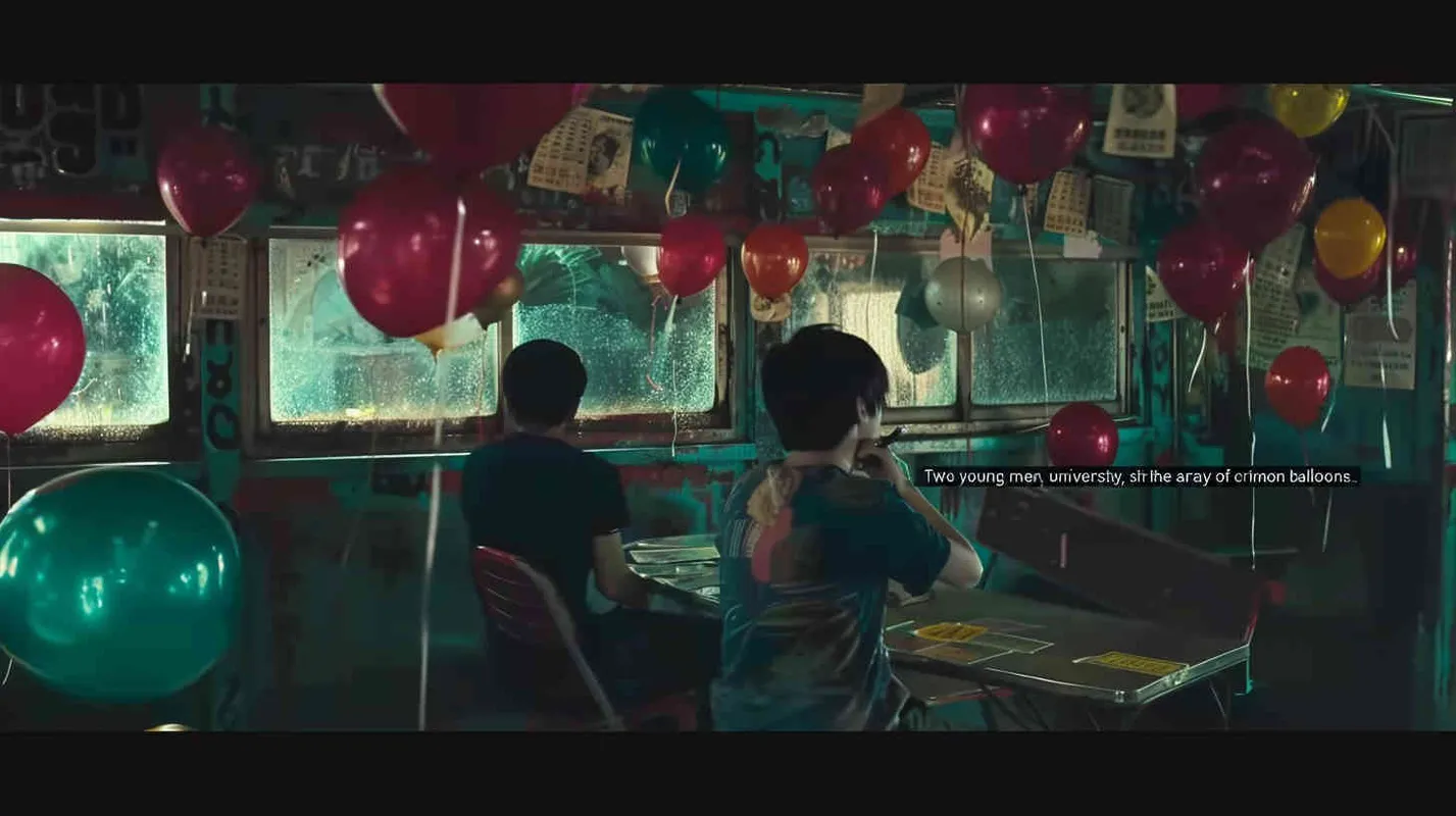 Two male college students are sitting in the classroom, with eerie red balloons scattered around. Outside the classroom, there is a warm green scene - style2部分