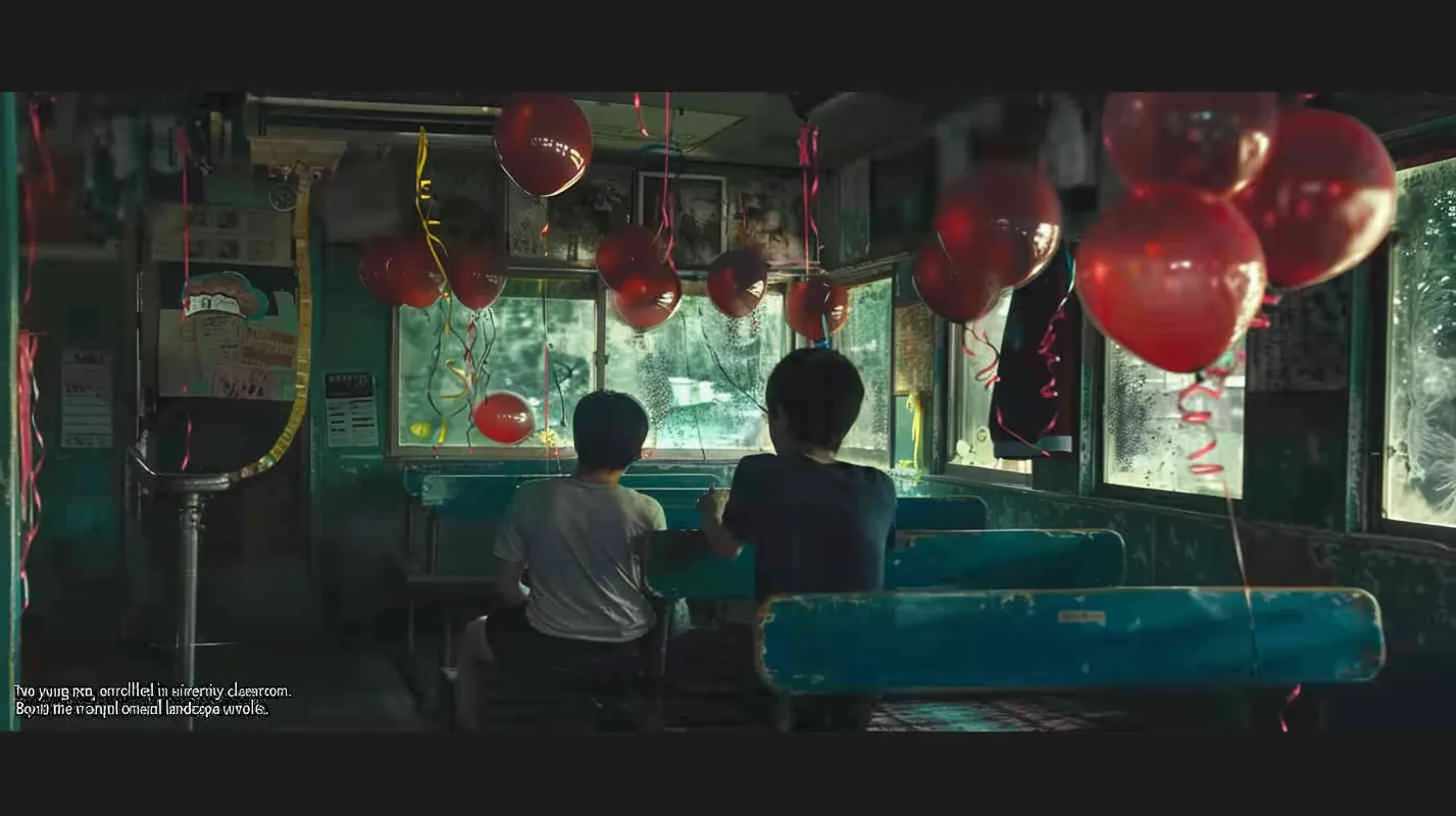 Two male college students are sitting in the classroom, with eerie red balloons scattered around. Outside the classroom, there is a warm green scene - style3部分