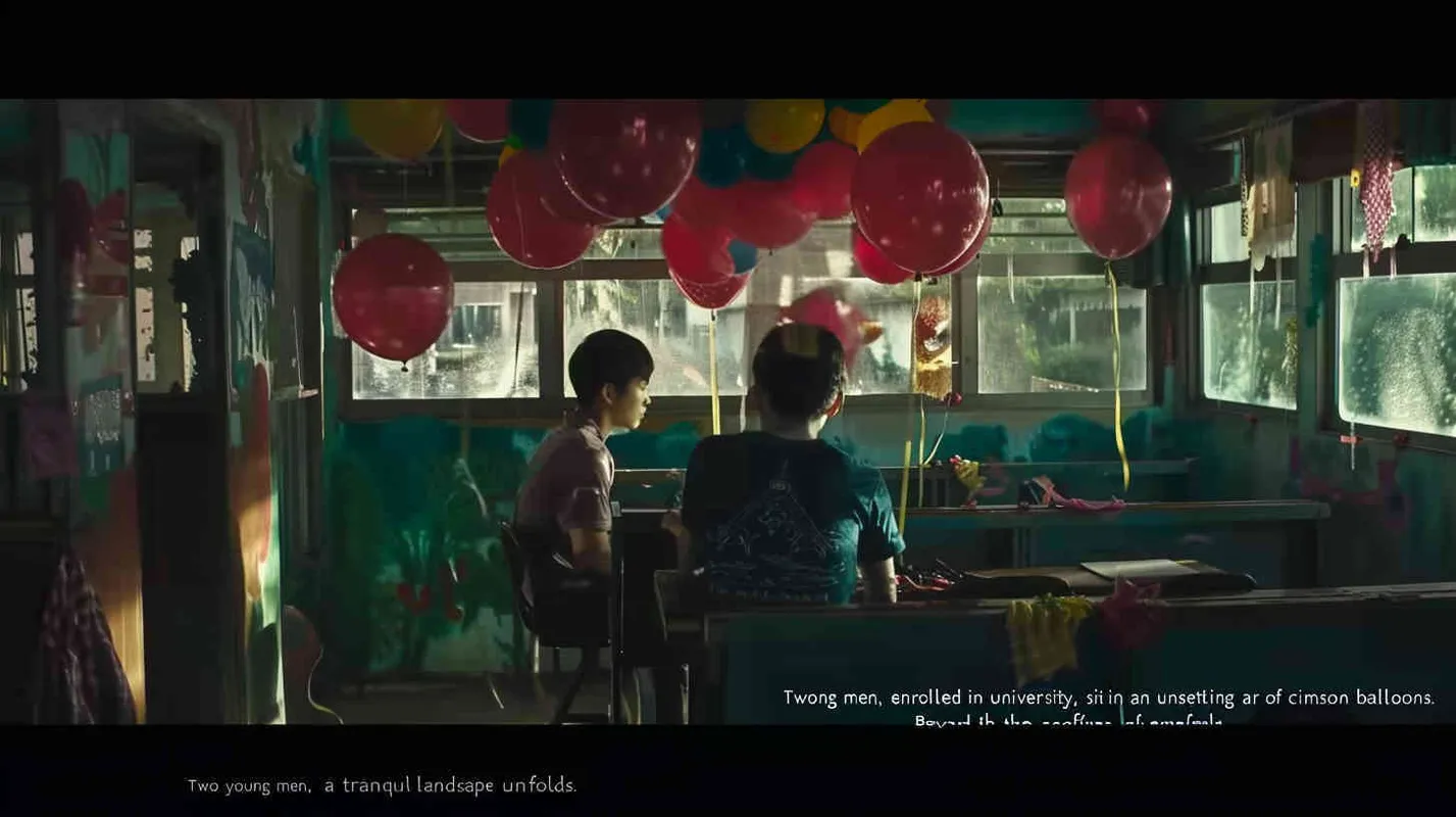 Two male college students are sitting in the classroom, with eerie red balloons scattered around. Outside the classroom, there is a warm green scene - style4部分