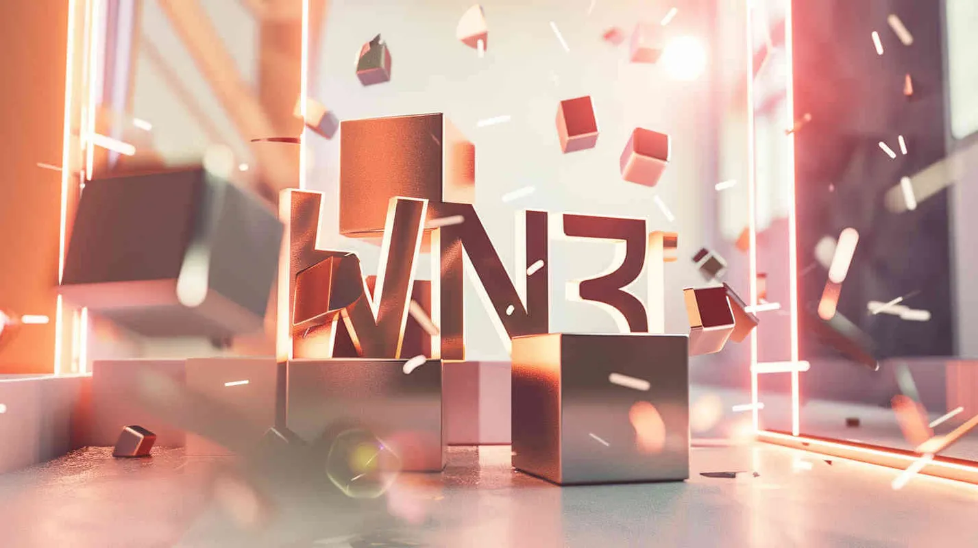 Typography design, text: 'WIN³'，cubes image ，minimalist stage designs lensbaby effect  - style4部分