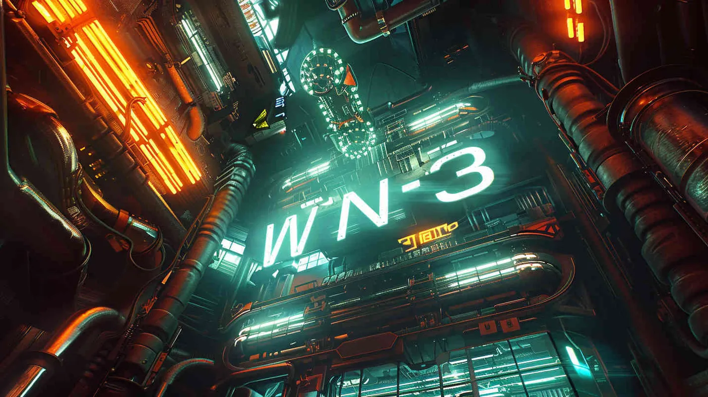 设计字体 “WIN³“，字体是赛伯朋克风格的主题，环境是在宇宙空间，构图是仰视角度，霓虹灯效果，风格是皮克斯加蒸汽朋克，很酷 - style1部分