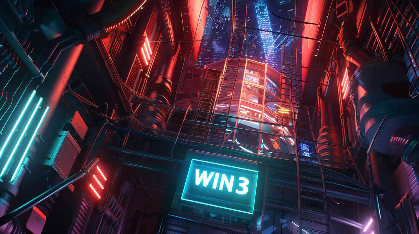 设计字体 “WIN³“，字体是赛伯朋克风格的主题，环境是在宇宙空间，构图是仰视角度，霓虹灯效果，风格是皮克斯加蒸汽朋克，很酷 - style4部分