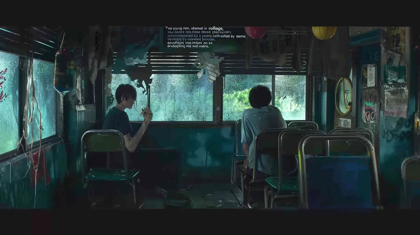 Two male college students sit in a dilapidated and eerie classroom, with a warm green scene outside ，a cold blue tone throughout the painting – AI绘画作品展示 | Midjourney中文版生成