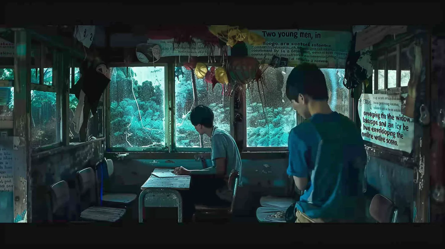 Two male college students sit in a dilapidated and eerie classroom, with a warm green scene outside ，a cold blue tone throughout the painting - AI绘画作品展示 | Midjourney中文版生成