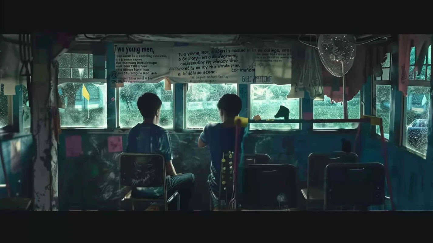 Two male college students sit in a dilapidated and eerie classroom, with a warm green scene outside ，a cold blue tone throughout the painting - style3部分