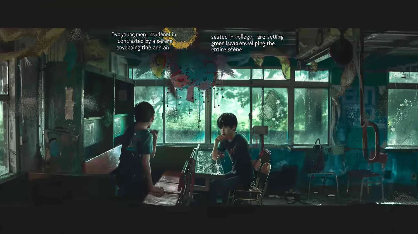 Two male college students sit in a dilapidated and eerie classroom, with a warm green scene outside ，a cold blue tone throughout the painting - style4部分