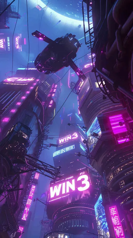 设计字体 “WIN³“，字体的立体感很强，由立体的赛伯朋克质感元素组成字体，环境赛博坦星球，构图是仰视角度，霓虹灯效果，风格是皮克斯加蒸汽朋克，很酷  - style2部分