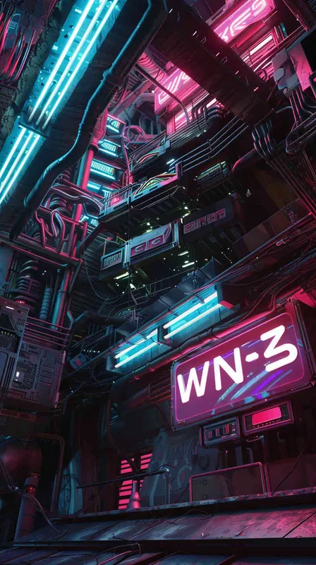 设计字体 “WIN³“，字体的立体感很强，由立体的赛伯朋克质感元素组成字体，环境赛博坦星球，构图是仰视角度，霓虹灯效果，风格是皮克斯加蒸汽朋克，很酷  - style3部分