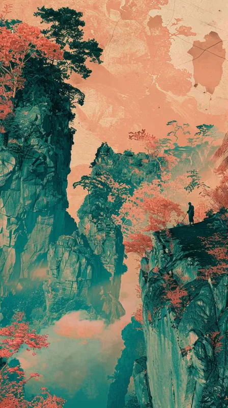 Model Art Photo, Ethereal People 2d wall art painting wall pictures wall, in the style of use of traditional japanese artistic techniques, light teal and dark orange, naturalistic landscape backgrounds, rendered in cinema4d, horizons, airbrush art, light red and dark cyan --ar 3:4 --q 2 - style2部分