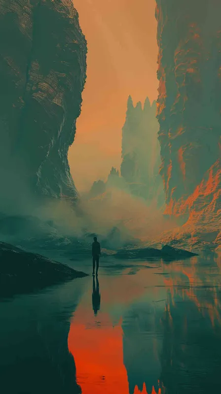 Model Art Photo, Ethereal People 2d wall art painting wall pictures wall, in the style of use of traditional japanese artistic techniques, light teal and dark orange, naturalistic landscape backgrounds, rendered in cinema4d, horizons, airbrush art, light red and dark cyan --ar 3:4 --q 2 - style4部分