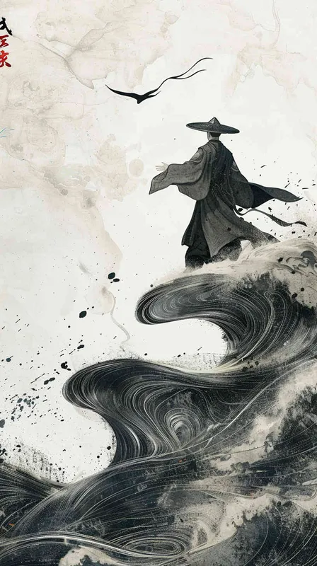 一位中国古人，行走在书页组成的海浪上，风格是中国古代极简主义绘画，俯视角度 - style1部分