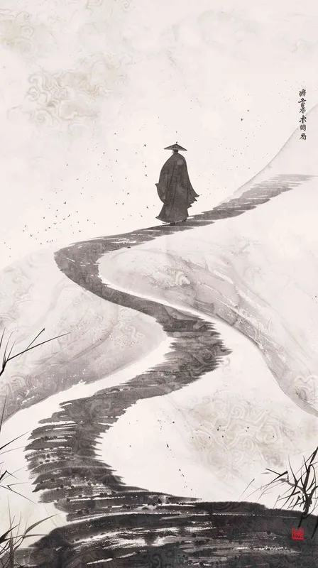 一位中国古人，行走在书页组成的海浪上，风格是中国古代极简主义绘画，俯视角度 - style2部分