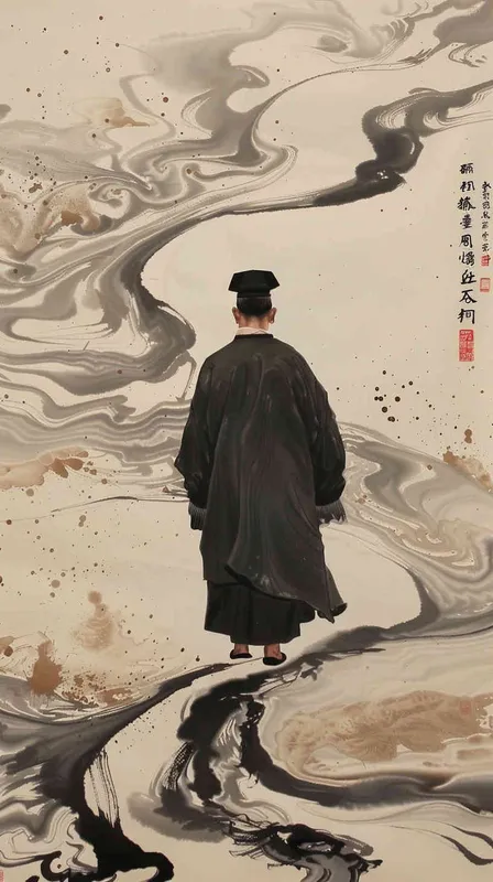 一位中国古人，行走在书页组成的海浪上，风格是中国古代极简主义绘画，俯视角度 - style3部分