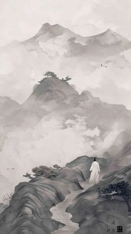 一位中国古人，行走在书页组成的海浪上，风格是中国古代极简主义绘画，俯视角度 - style4部分