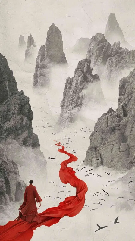 一位中国古人，行走在书页组成的海浪上，由一页页空白的文章组成的路，交织成山，风格是中国古代极简主义绘画，俯视角度  - style1部分