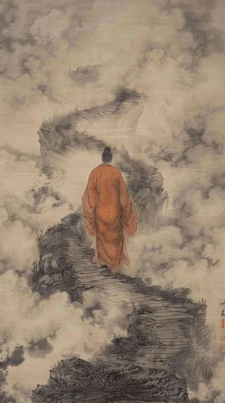 一位中国古人，行走在书页组成的海浪上，由一页页空白的文章组成的路，交织成山，风格是中国古代极简主义绘画，俯视角度  - style3部分