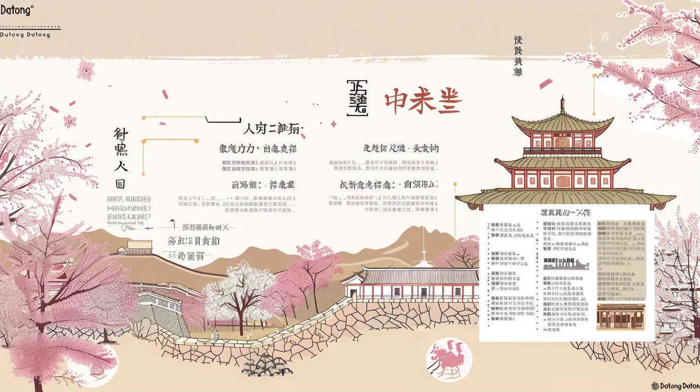 The "大同" area infographic, spring and cherry blossoms, features a detailed map of "大同",云冈石窟,悬空寺恒山等,with the word "大同" in clear font, designed as an infographic.Cartoon illustration, high quality, complete detail.Light pink tone. - AI绘画作品展示 | Midjourney中文版生成