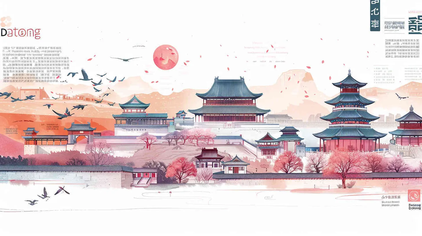 The "大同" area infographic, spring and cherry blossoms, features a detailed map of "大同",云冈石窟,悬空寺恒山等,with the word "大同" in clear font, designed as an infographic.Cartoon illustration, high quality, complete detail.Light pink tone. - AI绘画作品展示 | Midjourney中文版生成
