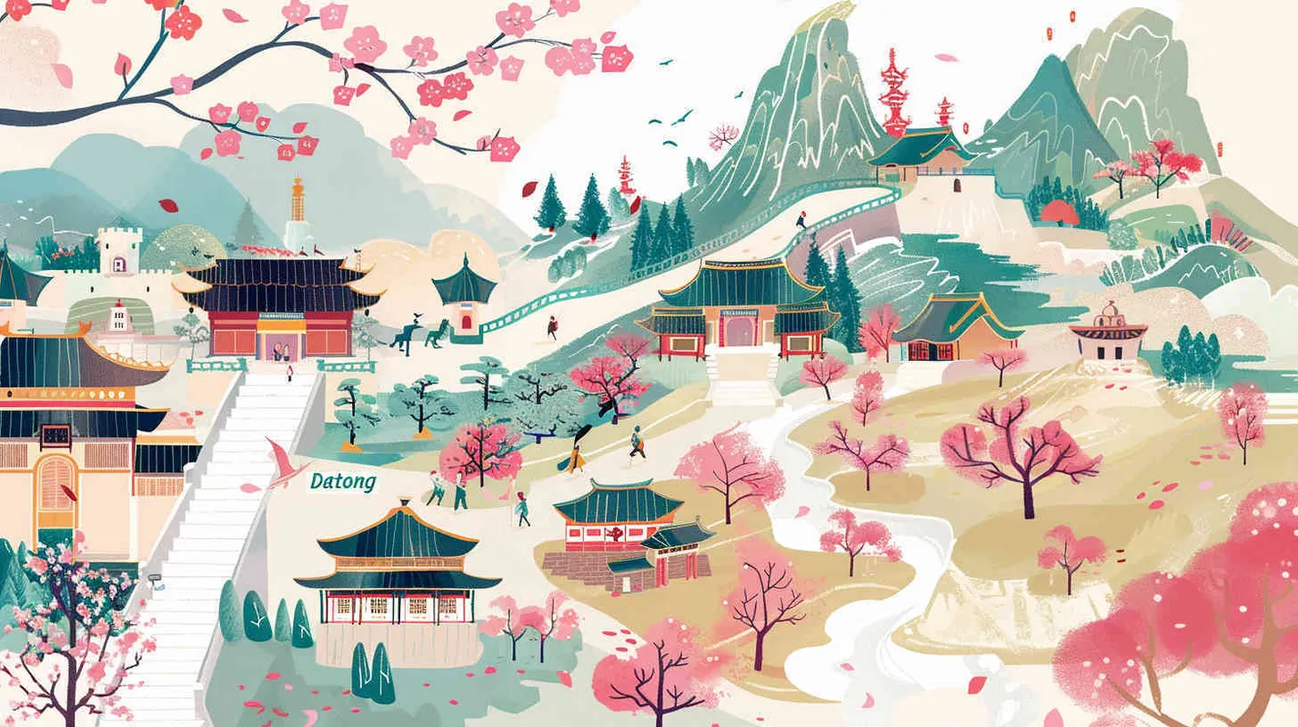 The "大同" area infographic, spring and cherry blossoms, features a detailed map of "大同",云冈石窟,悬空寺恒山等,with the word "大同" in clear font, designed as an infographic.Cartoon illustration, high quality, complete detail.Light pink tone. - AI绘画作品展示 | Midjourney中文版生成