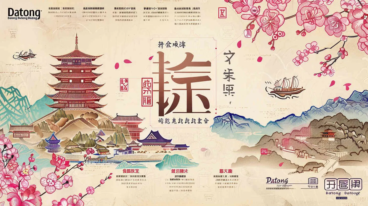 The "大同" area infographic, spring and cherry blossoms, features a detailed map of "大同",云冈石窟,悬空寺恒山等,with the word "大同" in clear font, designed as an infographic.Cartoon illustration, high quality, complete detail.Light pink tone. - AI绘画作品展示 | Midjourney中文版生成