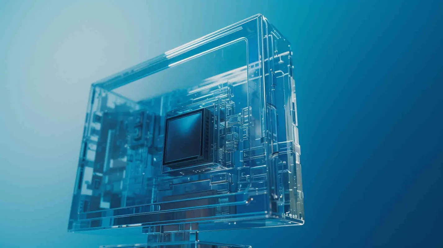 Transparent PVC material, Transparent PVC material, solid color background, Medium Angle, Wide Zoom, 3D, C4D, Ocean Render, Blender, Natural Light, Shadow, Edge Light, very high detail, complex detail, HD 16K resolution processing, ultra-wide Angle,16k主体是一台未来的电视机，电视机屏幕里是一个C4D未来商业场景，赛博朋克风格，有些商业元素飞出屏幕，电视屏幕外部是一个纯色背景，有一定对比,整体风格C4D，视觉明亮，仰视角度  - style2部分