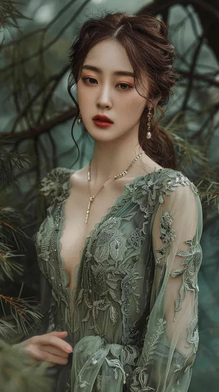 Korean face,Goddess,green lace low-cut dress, in the forest，whole body - style1部分